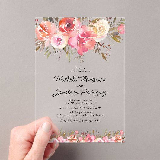 Waterverf Pink Floral Photo Wedding Acryl Uitnodigingen (Insitu (Draagbaar))
