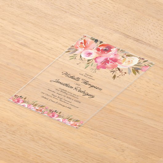 Waterverf Pink Floral Photo Wedding Acryl Uitnodigingen (Laagn)