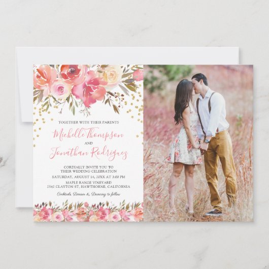 Waterverf Pink Floral Photo Wedding Kaart (Voorkant)