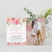 Waterverf Pink Floral Photo Wedding Kaart (Staand voorkant)