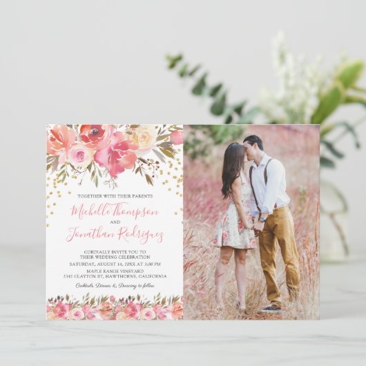 Waterverf Pink Floral Photo Wedding Kaart (Staand voorkant)