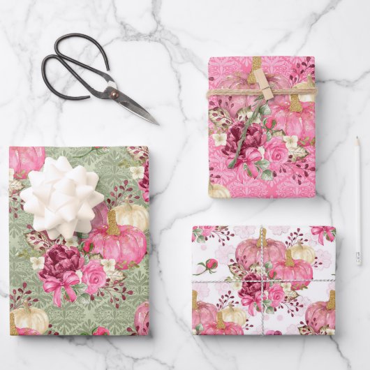 Waterverf Pink Floral Pumpkin op Damaspatronen Inpakpapier Vel (Voorkant)