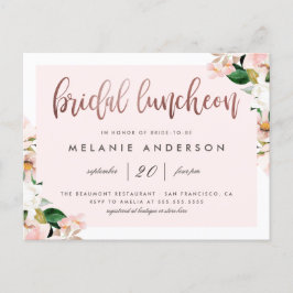 Waterverf Pink Floral Roos Gold Bridal Luncheon Uitnodiging Briefkaart
