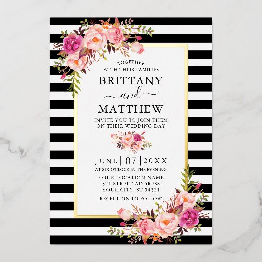 Waterverf Pink Floral Striped Wedding Gold Folie Uitnodiging (Voorkant)