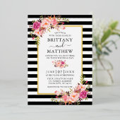 Waterverf Pink Floral Striped Wedding Gold Folie Uitnodiging (Staand Voorkant)