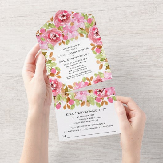 Waterverf Pink Floral Wedding All In One Uitnodiging (Afscheurbaar)
