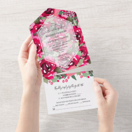 Waterverf Pink Floral Wedding All In One Uitnodiging
