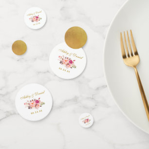 Waterverf Pink Floral Wedding Gold Confetti