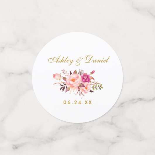 Waterverf Pink Floral Wedding Gold Confetti (Kleine voorkant)