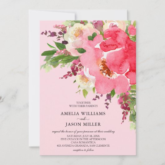 Waterverf Pink Floral Wedding Invitations (Voorkant)