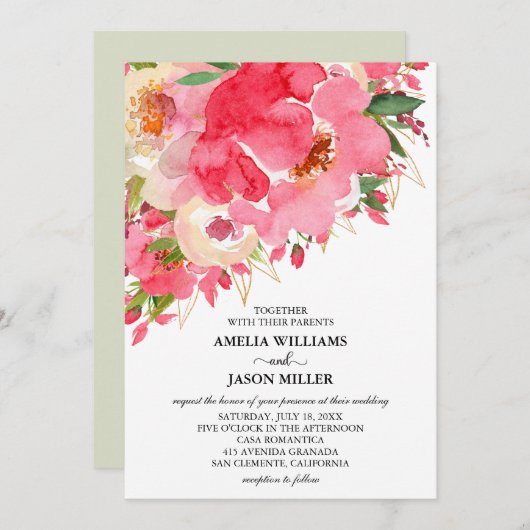 Waterverf Pink Floral Wedding Invitations (Voorkant / Achterkant)