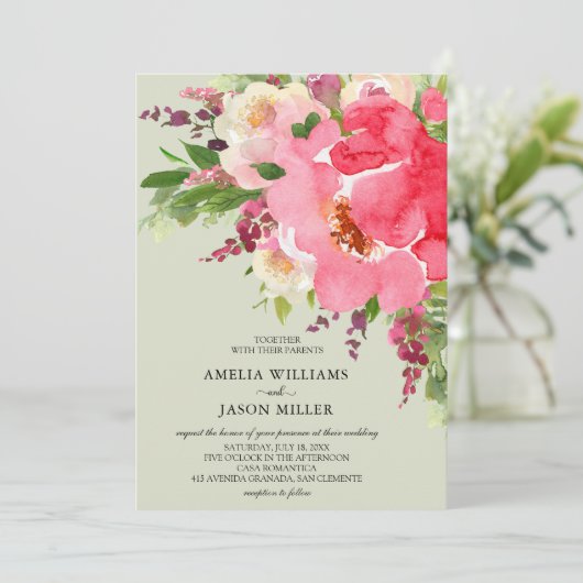 Waterverf Pink Floral Wedding Invitations (Staand voorkant)