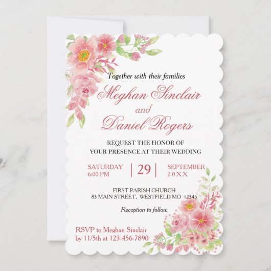Waterverf Pink Floral Wedding Invites Kaart (Voorkant)