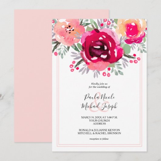 Waterverf Pink Floral Wedding Kaart (Voorkant / Achterkant)
