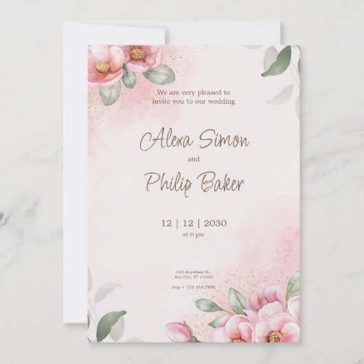 Waterverf Pink Floral Wedding Kaart (Voorkant)