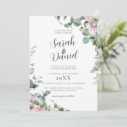 Waterverf Pink Floral Wedding Kaart (Staand voorkant)