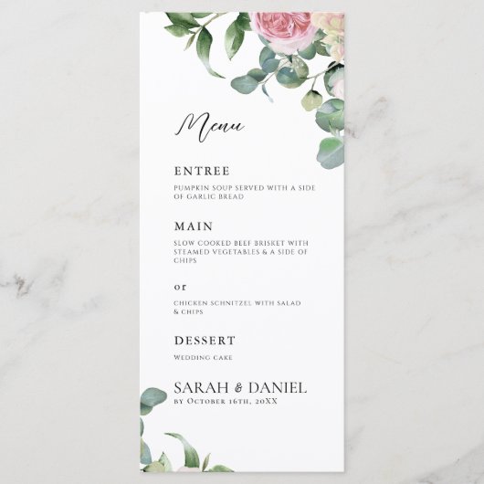 Waterverf Pink Floral Wedding Menu (Voorkant)