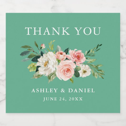 Waterverf Pink Floral Wedding Neo Mint Sparkling Wijnetiket (Enkel label)