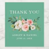 Waterverf Pink Floral Wedding Neo Mint Wijn Etiket (Enkel label)