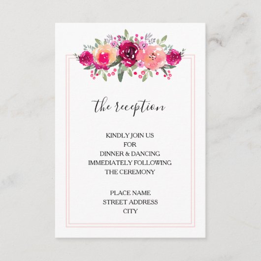 Waterverf Pink Floral Wedding Reception Informatiekaartje (Voorkant)