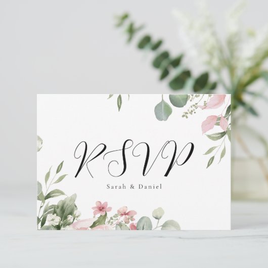 Waterverf Pink Floral Wedding RSVP Kaartje (Staand voorkant)