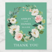 Waterverf Pink Floral Wreath Wedding Neo Mint Wijn Etiket (Enkel label)