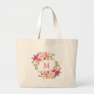 Waterverf Pink Floral Wreatmonogram Gold Grote Tote Bag