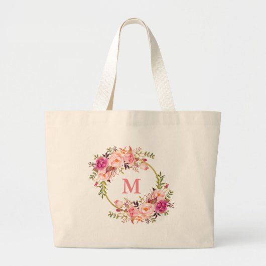 Waterverf Pink Floral Wreatmonogram Gold Grote Tote Bag (Voorkant)