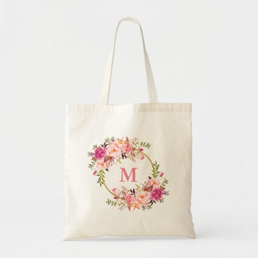 Waterverf Pink Floral Wreatmonogram Gold Tote Bag (Voorkant)