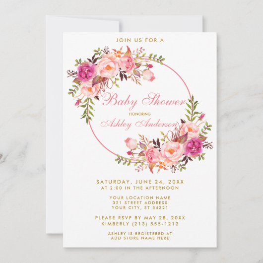 Waterverf Pink Floral Wreator Gold Baby shower Kaart (Voorkant)