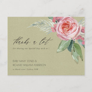 WATERVERF PINK FLOWER GREEN FOLIAGE DANK U BRIEFKAART