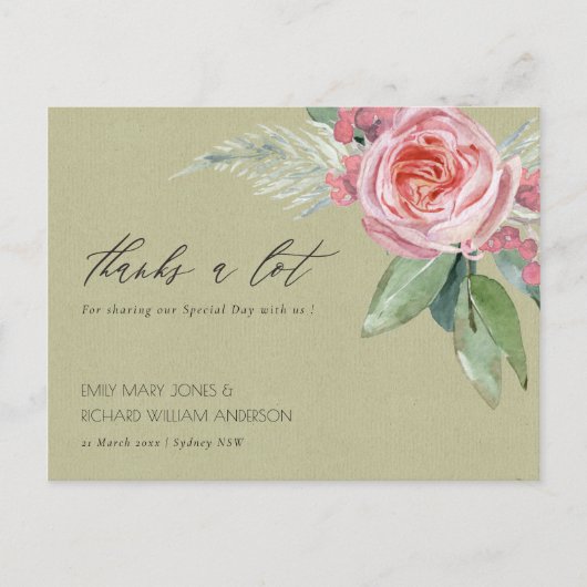 WATERVERF PINK FLOWER GREEN FOLIAGE DANK U BRIEFKAART (Voorkant)