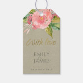 WATERVERF PINK FLOWER GREEN FOLIAGE MONOGRAM CADEAULABEL (Voorkant)