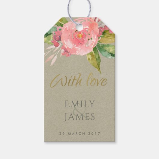 WATERVERF PINK FLOWER GREEN FOLIAGE MONOGRAM CADEAULABEL (Voorkant)