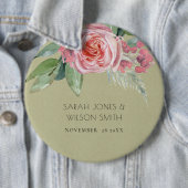 WATERVERF PINK FLOWER GREEN FOLIAGE WEDDING RONDE BUTTON 6,0 CM (In situ)