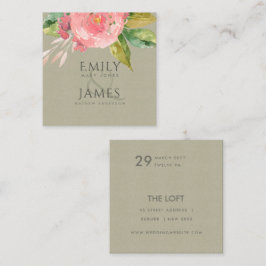 WATERVERF PINK FLOWER GREEN FOLIAGE WEDDING VIERKANTE VISITEKAARTJE