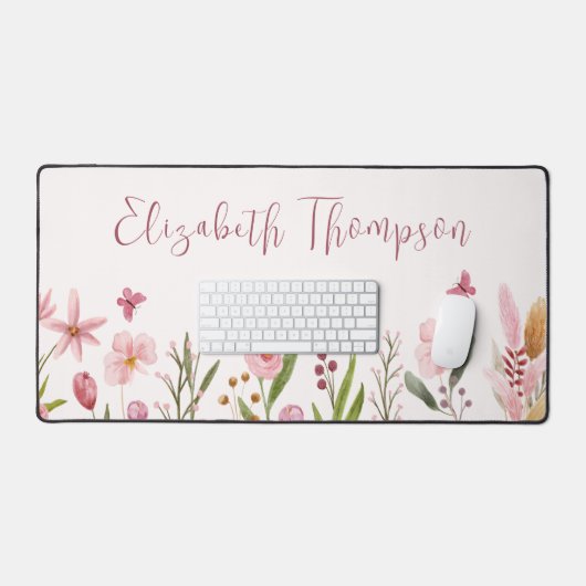 Waterverf Pink Flowers Girly Script Naam Bureaumat (Keyboard & Muis)