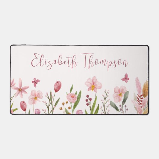 Waterverf Pink Flowers Girly Script Naam Bureaumat (Voorkant)
