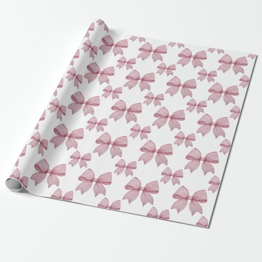 Waterverf Pink Gingham Bow Cadeaupapier (Uitgerold)
