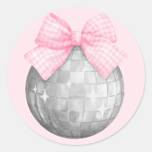 Waterverf Pink Gingham Bow Silver Disco Ball Ronde Sticker