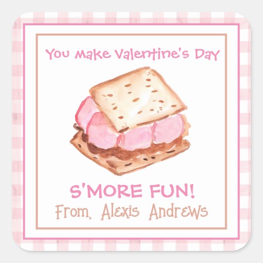 Waterverf Pink Gingham S'mores Valentijns Vierkante Sticker (Voorkant)