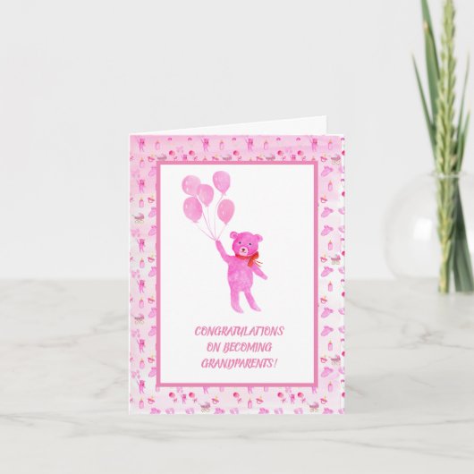 Waterverf Pink Girl Teddy Bear Grandouders Kaart (Voorkant)