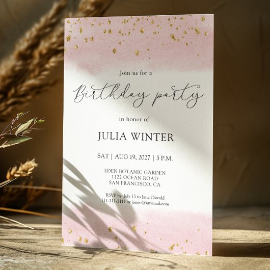 Waterverf Pink Gold Sparkle Birthday Party Kaart