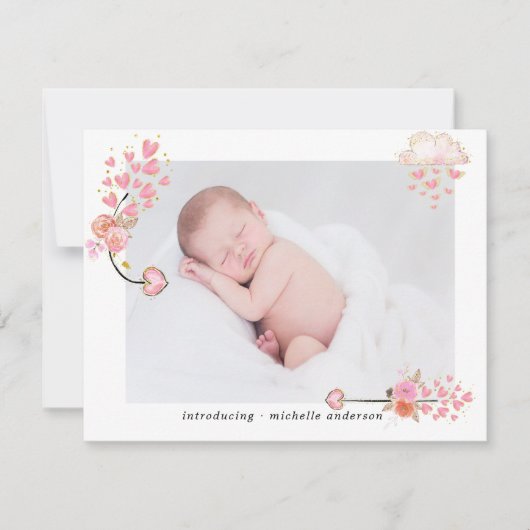 Waterverf Pink Hearts Baby Geboorteaankondiging Feestdagenkaart (Voorkant)