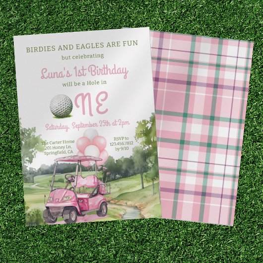Waterverf Pink Hole in One Golf 1e verjaardag Kaart