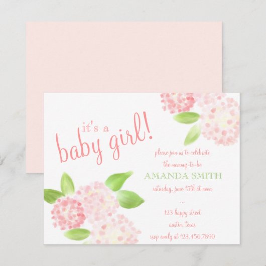 Waterverf Pink Hydrangea Uitnodiging (Voorkant / Achterkant)