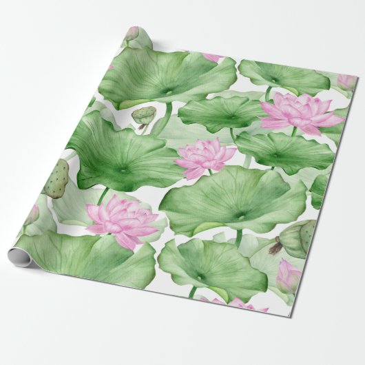 Waterverf Pink Lotus Flowers met grote bladeren Cadeaupapier (Uitgerold)