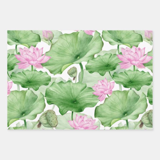 Waterverf Pink Lotus Flowers met grote bladeren Inpakpapier Vel (Voorkant)