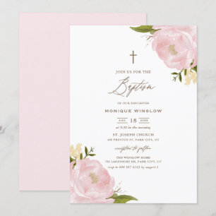 Waterverf Pink Peonies Baptisme Uitnodiging
