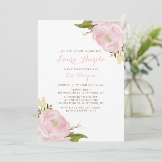 Waterverf Pink Peonies Bat Mitzvah Uitnodiging (Staand voorkant)
